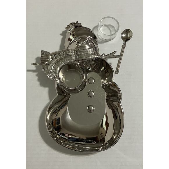 Vtg Metal Holiday Christmas Snowman Appetizer Tray Serving Dish with Spoon - Picture 2 of 8